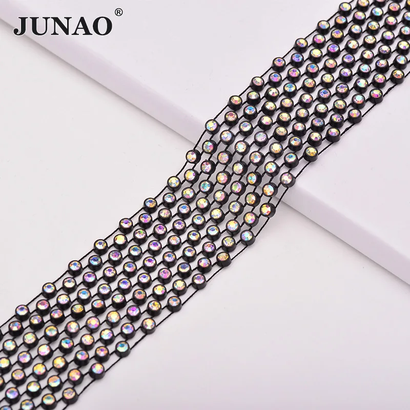 Black AB Stones JUNAO 1 ярд прозрачные черные стразы для шитья отделка цепи кристалл аппликация со стразами лента окантовка для украшения одежды - Цвет: Black AB Stones