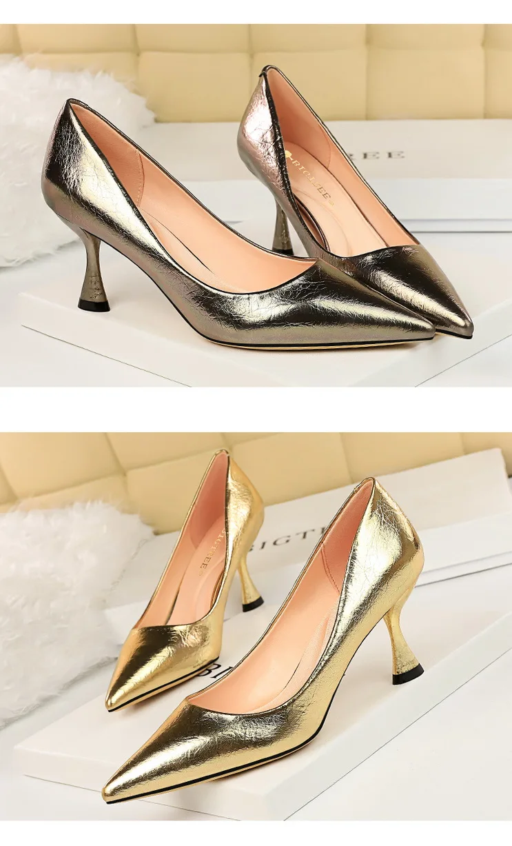 New Women Pumps High Thin Heel Metal Pointed Toe Shallow Sexy Ladies Bridal Wedding Women Shoes Gold High Heel Female Pumps