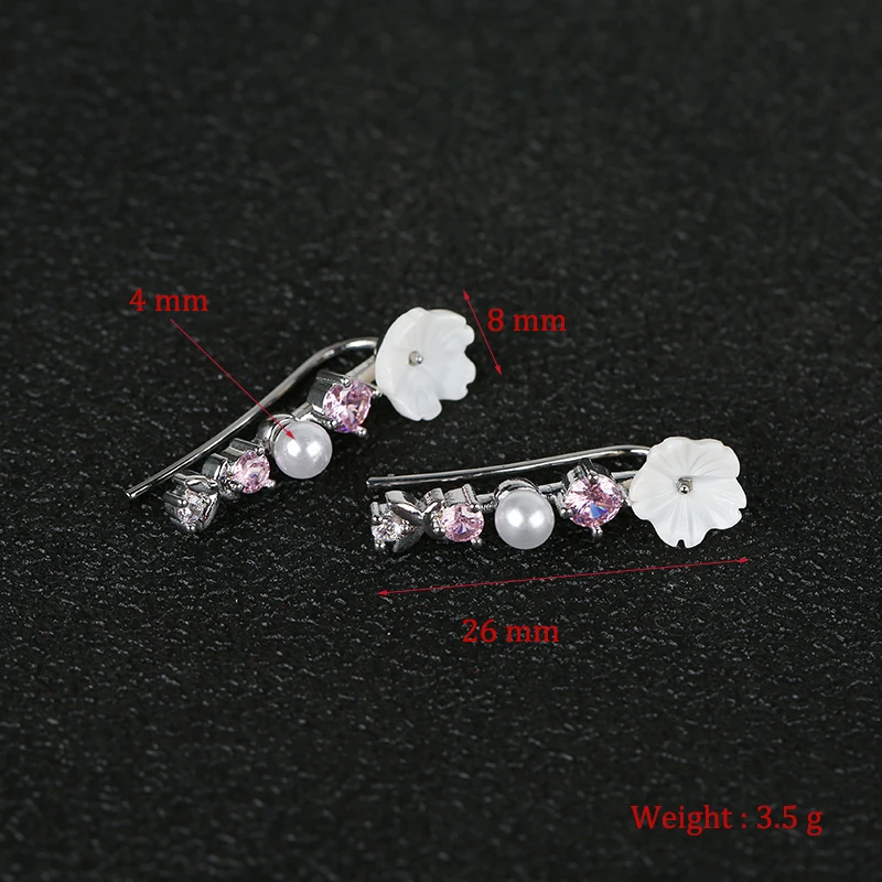 Cute Flower Stud Earrings For Women Crystal Pearl Shell Rose Gold Cuff Trendy Wedding Earring Female Romantic Pierce Ear Jewelry