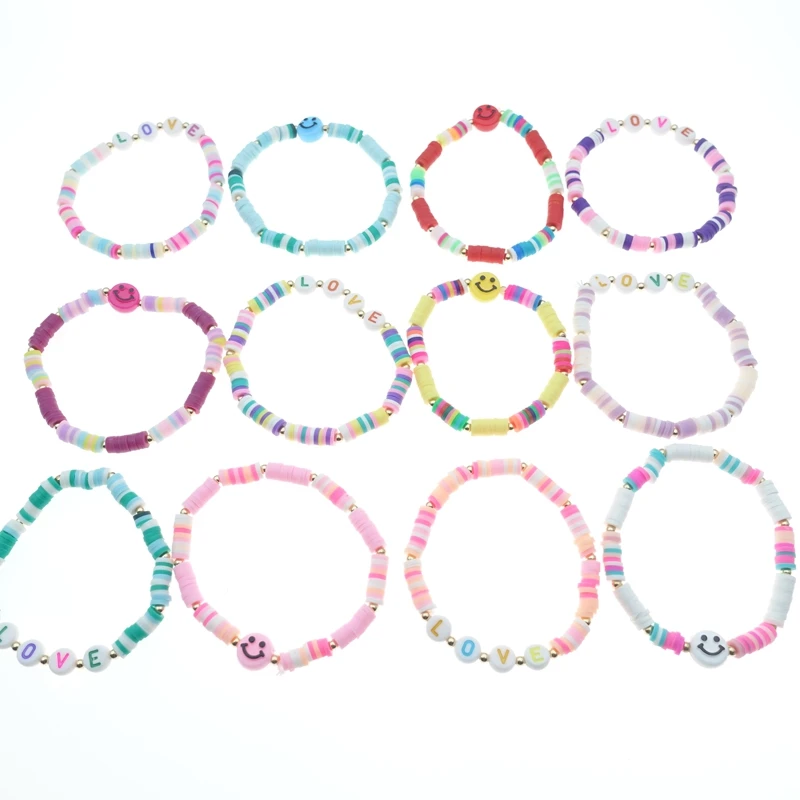 

MIXMAX 24PCs Handmade Women Clay Spacer Beads Elastic Cute Fashion Jewelry Kids Girls Party Gift Bangle Wholesale Mixed Colors