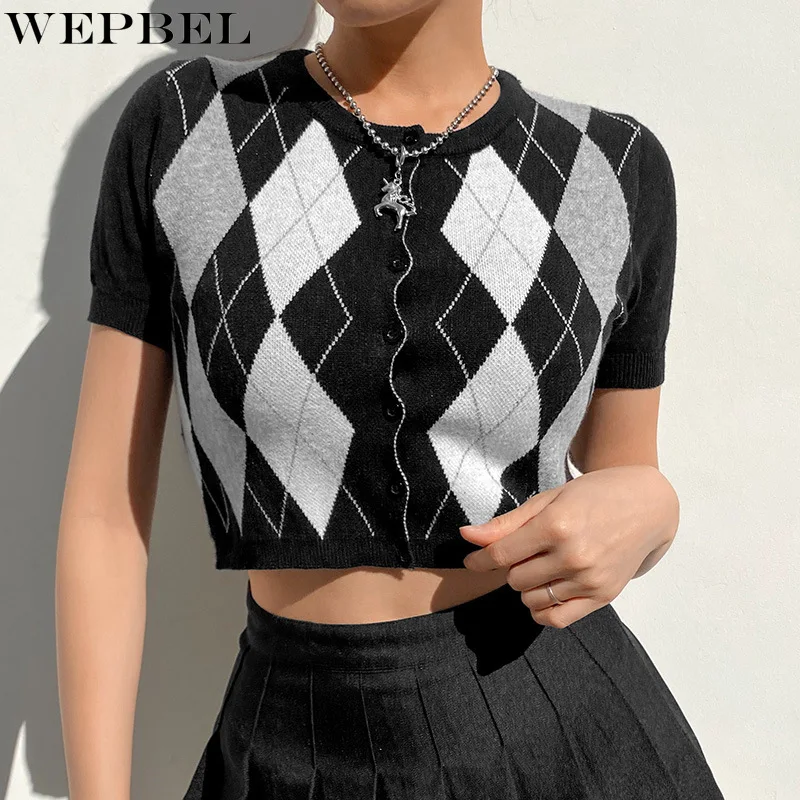 

WEPBEL Women Spring Autumn Elegant Single Breasted Knitted Cardigan Sweater Crop Top Lady Argyle Plaid Short Bottoming Knitwear