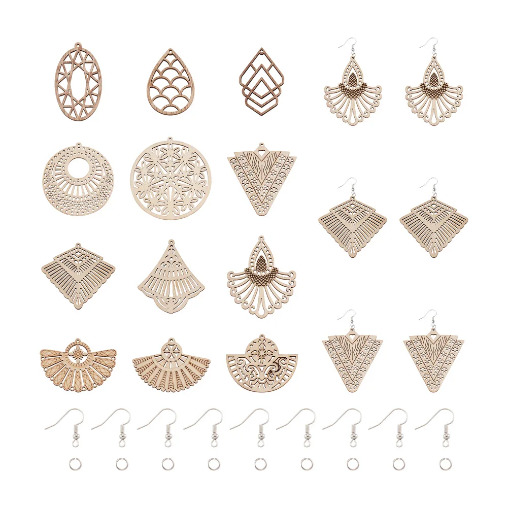 

48Pcs 12 Style Undyed Natural Wooden Big Pendants Drop Earrings Kits With Jump Rings/Earring Hooks For Women DIY Jewelry Making
