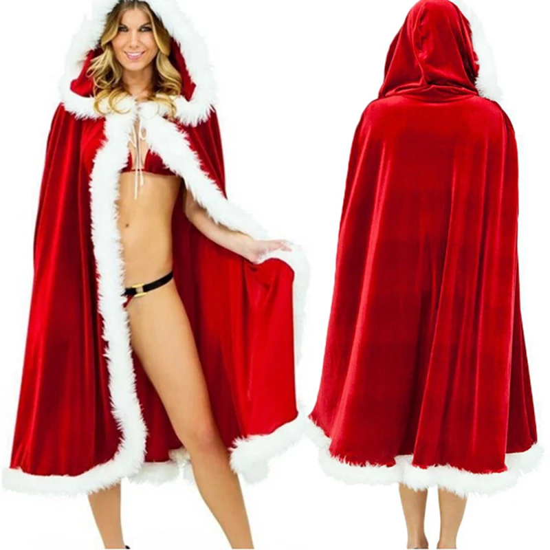 

90-120-150cm Red Velvet Hooded Cape Cloak Sexy Santa Cosplay Christmas Costumes Women Carnival Party Clubwear