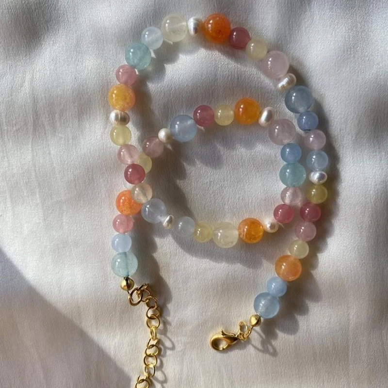 

Colorful Bead Necklace French Romantic Choker for Women Gemstones Natural Freshwater Pearls Exquisite Accessories Fashion 2021