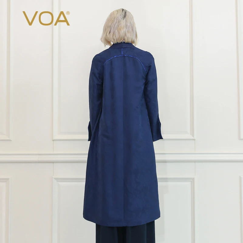 Женский Шелковый тренчкот VOA темно синий Повседневный Кардиган с длинным рукавом