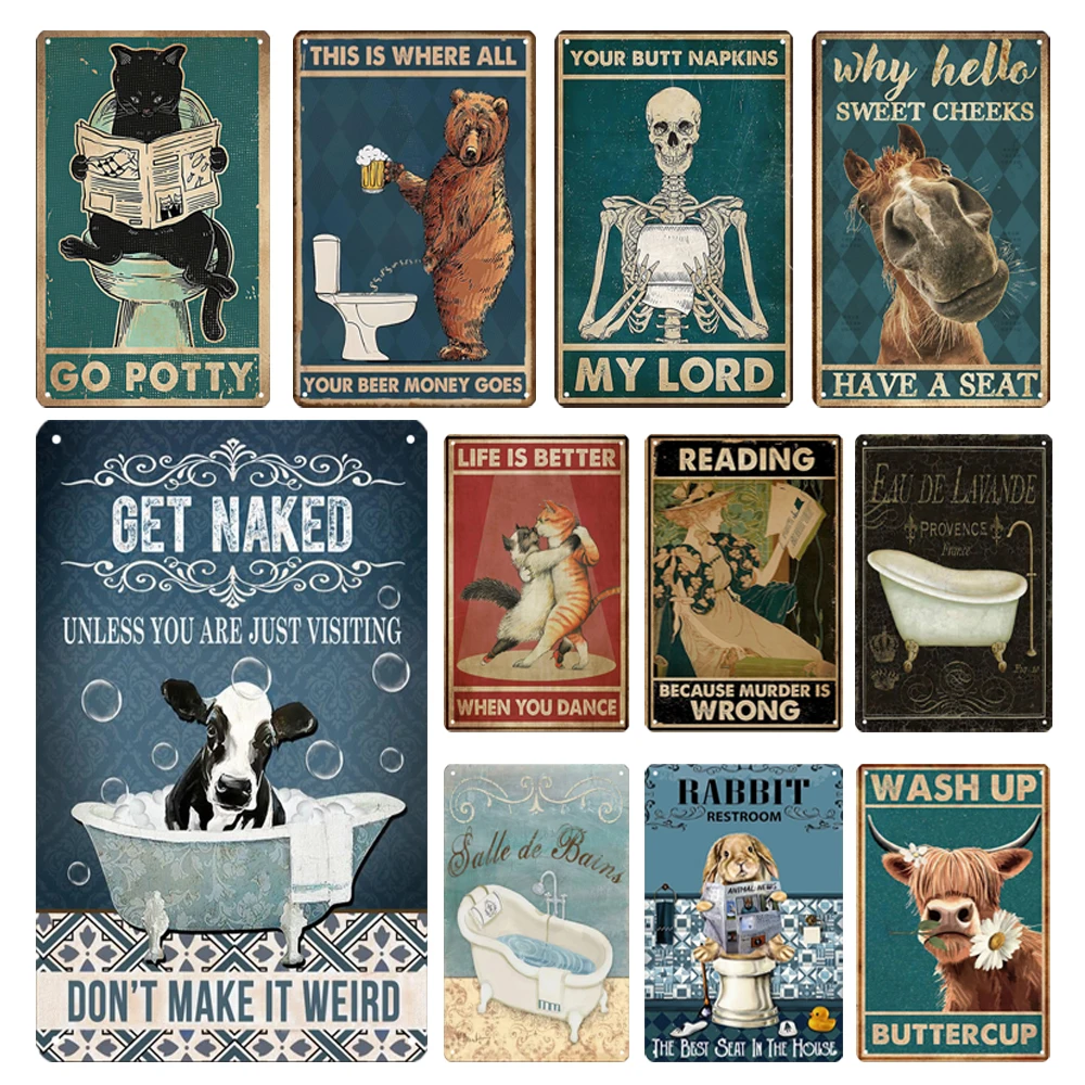 

Metal Poster Vintage Tin Sign Get Naked Funny Bathroom Donkey Retro Plate Plaque Black Cat Toilet Wall Decoration Bar Home Decor