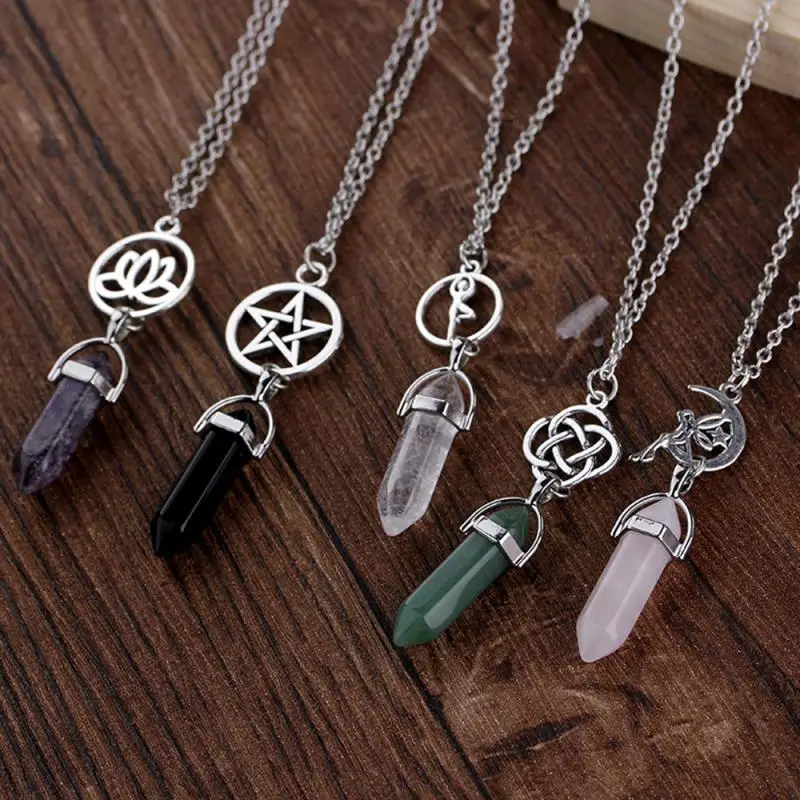 

Fashion Necklace Natural Colored Crystal Pendant Pentagram Hexagonal Chakra Pendant Necklace For Men Women Gift