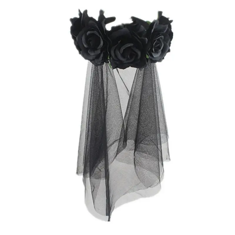 Halloween Wreath Headband Handmade Fabric Rose Flower with Black Mesh Veil Tulle Crown Festival Day of The Dead Hair Hoop - Цвет: BK