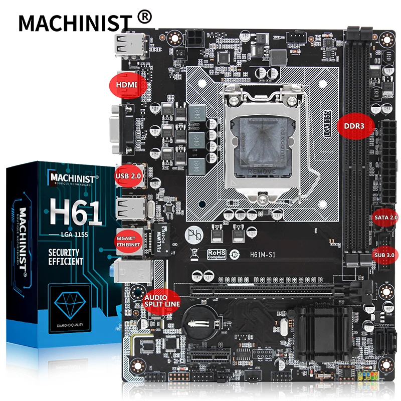 

H61 Socket LGA 1155 Motherboard Dual Channel DDR3 Memory Micro-ATX Integrated Graphics Support Intel Core i3 i5 i7 H61M-S1 mae