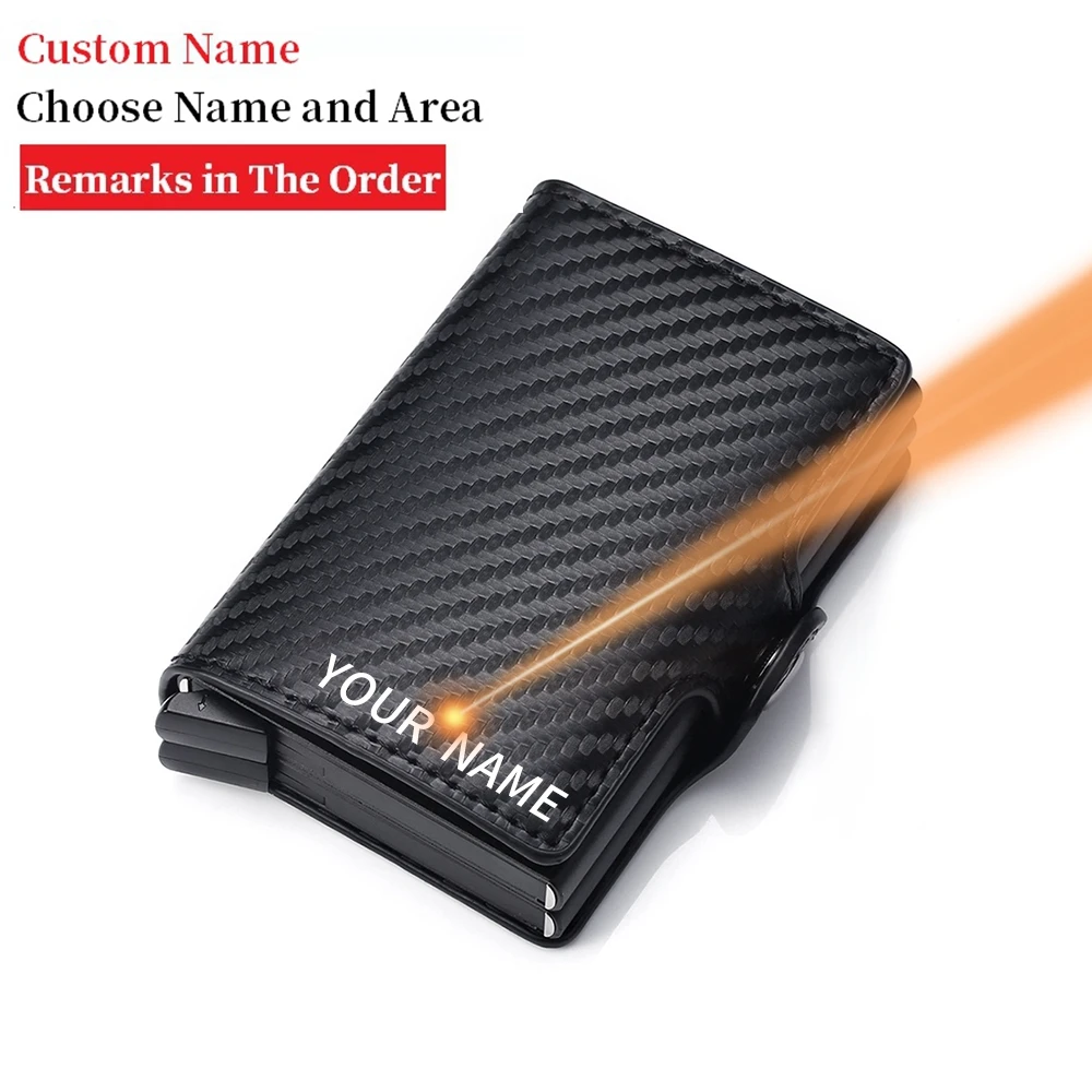 custom name credit card holder men double carbon fiber anti rfid card holder wallet metal business bank creditcard mini wallet free global shipping