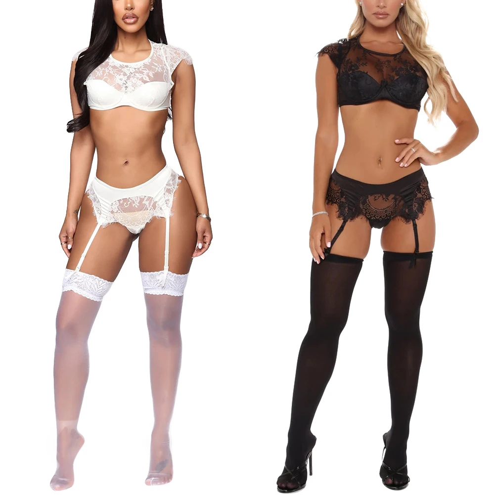 

2pcs Women Sexy Lingerie Set Conjoined Stockings thong and lace top Sleepwear Lingerie Set