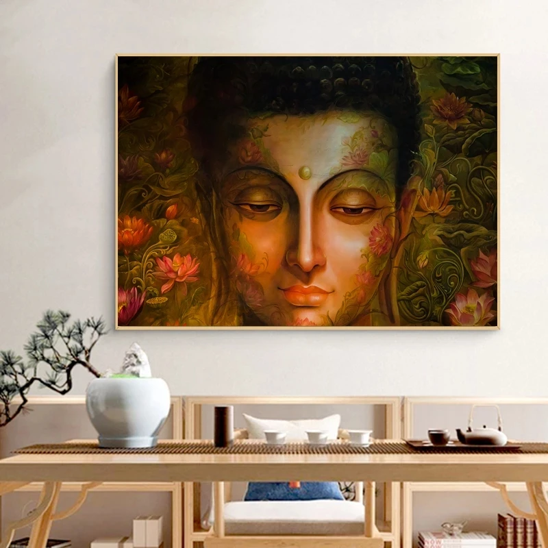 

Buddha Statue of Sakyamuni with Lotus Flower Art Posters and Prints On Canvas Painting Wall Pictures for Living Room Home Decor