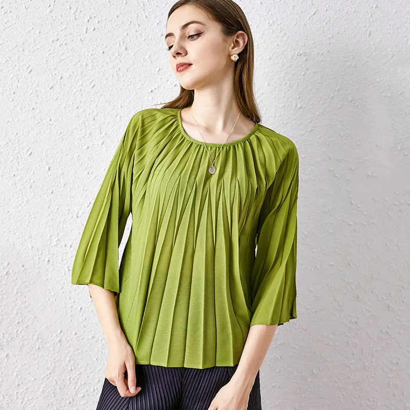 

Women Tops O-neck One Button Casual Thin Pleated T-shirt
