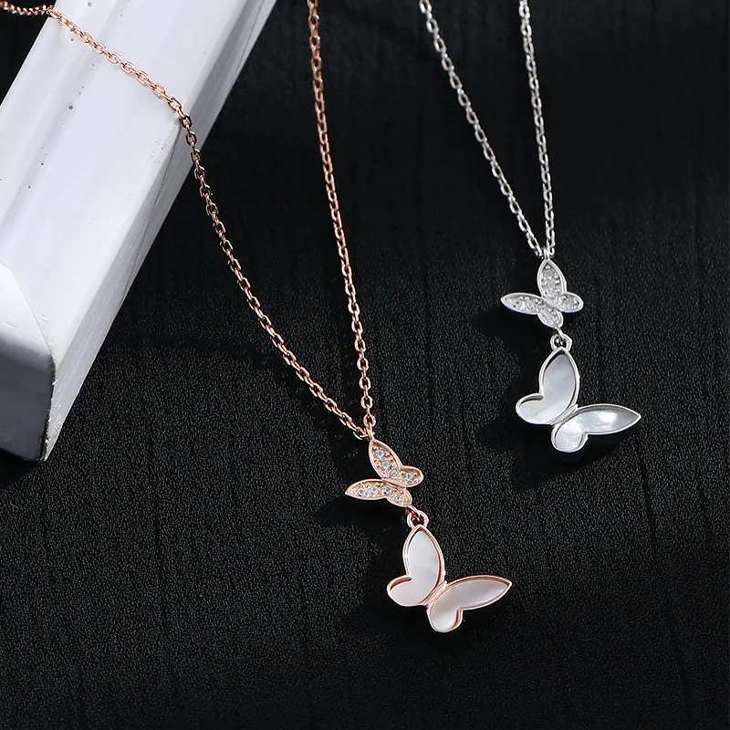 

Butterfly Necklace 100% Real 925 Sterling Silver Shell and Zircon Double Butterfly Pendants Fine Jewelry for Women Girls