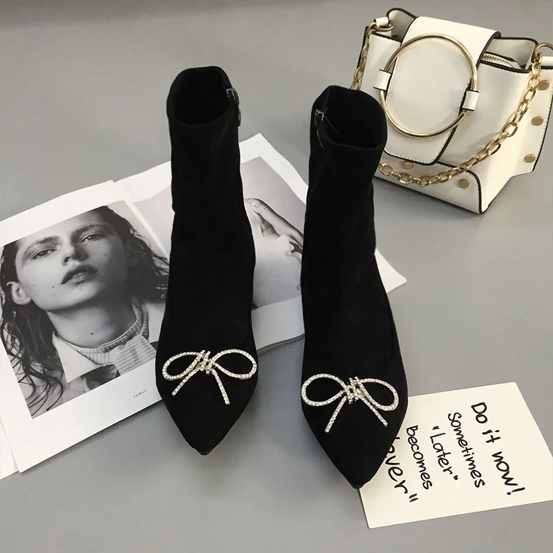 

Bowknot Rhinestone Women's Elastic Boots Side Zipper Flat Ankle Boots Are Thin Pointed Toe Small Sexy ladies Mid-Tube Boots