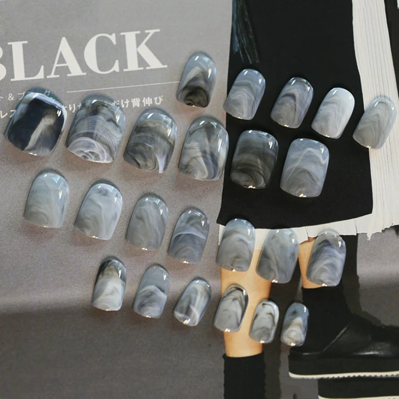 24PCS/Set Fashion Fake False Nails Tips Girls Marble Short Paragraph Nail DIY Fingersnails Extention Tool Accessories | Красота и