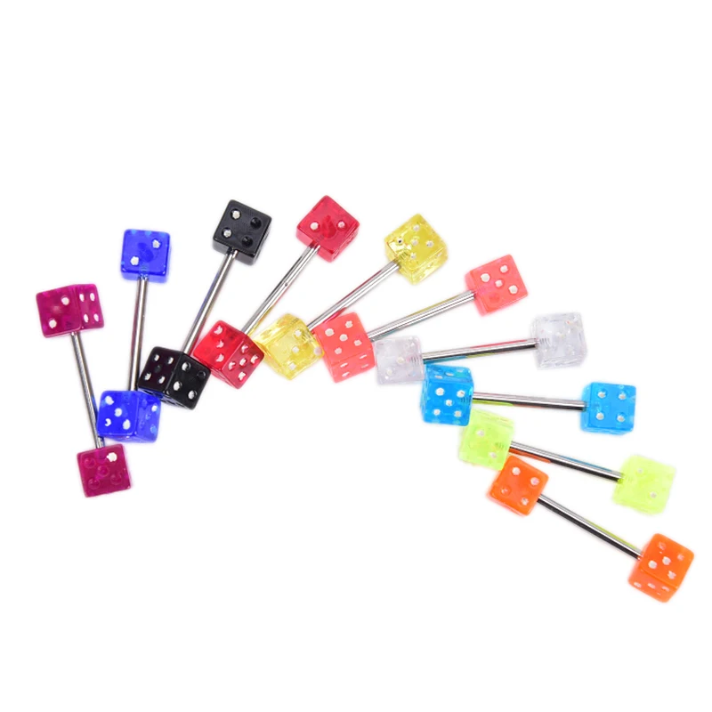 

10Pcs/Set Stainless Steel Mixed Dice Tongue Ring Barbell Studs Tongue Piercing Rings Fashion Punk Women Men Body Jewelry