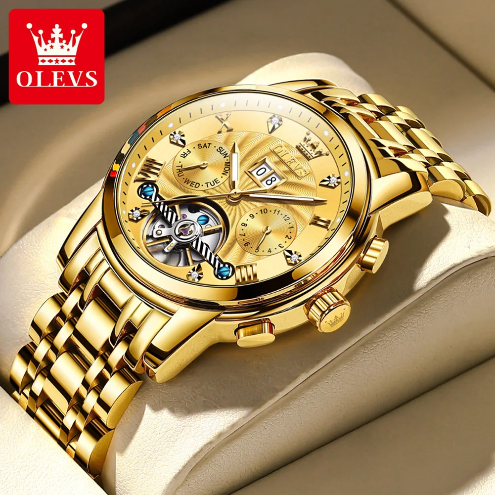 OLEVS 2023 New Fashion Tourbillon Mechanical Watch Automatic Luxury Gold Mens Watches Steel Belt Luminous 30M Waterproof Reloj enlarge