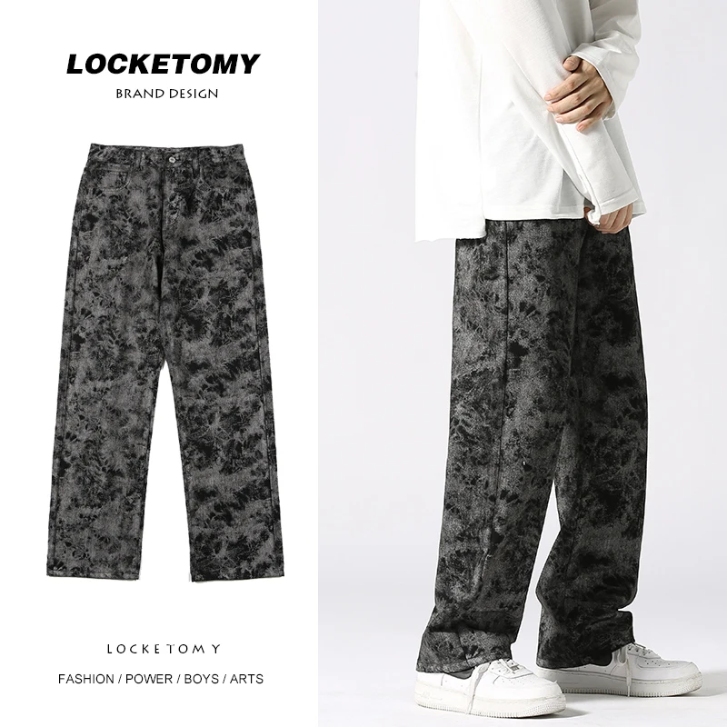 

Autumn Men Baggy Jeans Black Tie Dye Straight Wide Legs Ins Style Denim Pants Fashion Street Hip Hop Personality Brand Trousers