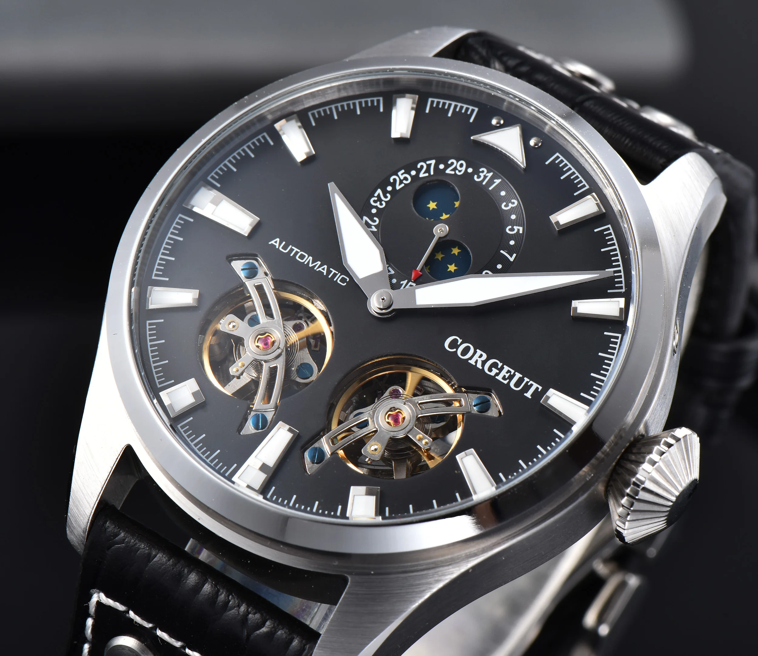 

Luxus 46mm Corgeut dial Moon Phase Date Leder Automatische Mechanical mens Watch