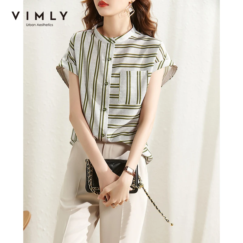 

VIMLY Summer Women Blouse Elegant Office Lady Striped Shirts Fashion Button Short Sleeve Vintage Blusas Female Tops F7305