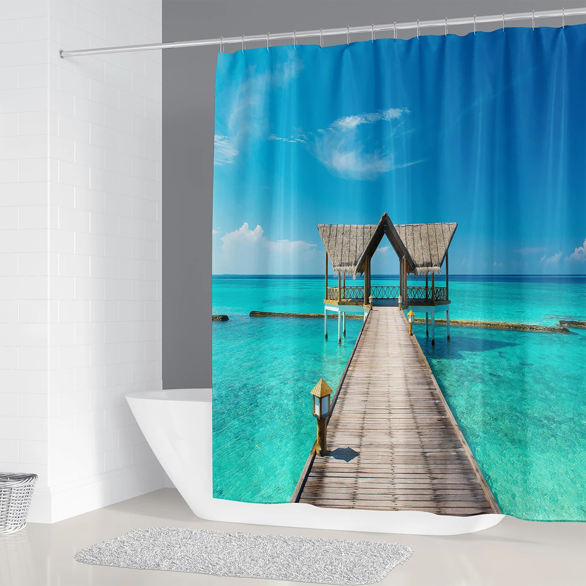 Штора для душа с 12 крючками водонепроницаемая тканевая занавеска пляжа Морского