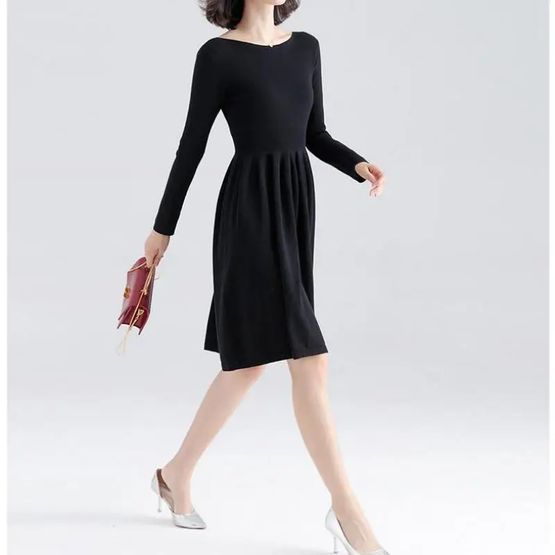 Осень-зима 2019 офисное женское трикотажное длинное платье с круглым вырезом 4