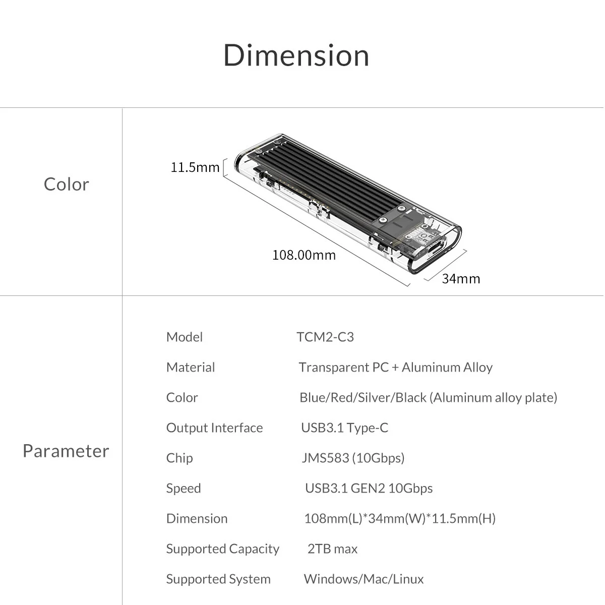 Чехол ORICO M.2 SSD для NVME PCIE NGFF SATA M/B Ключ SSD диск NVME SSD корпус M.2 для USB C прозрачный жесткий диск 10 Гбит/с