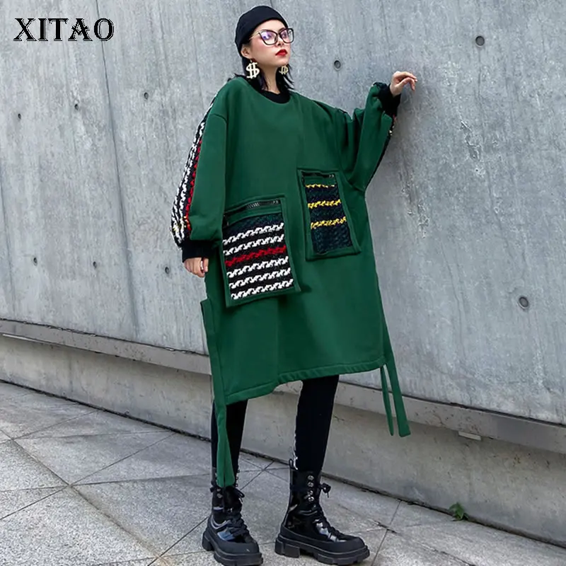 XITAO размера плюс Лоскутная клетчатая толстовка женская одежда 2019 Модный пуловер