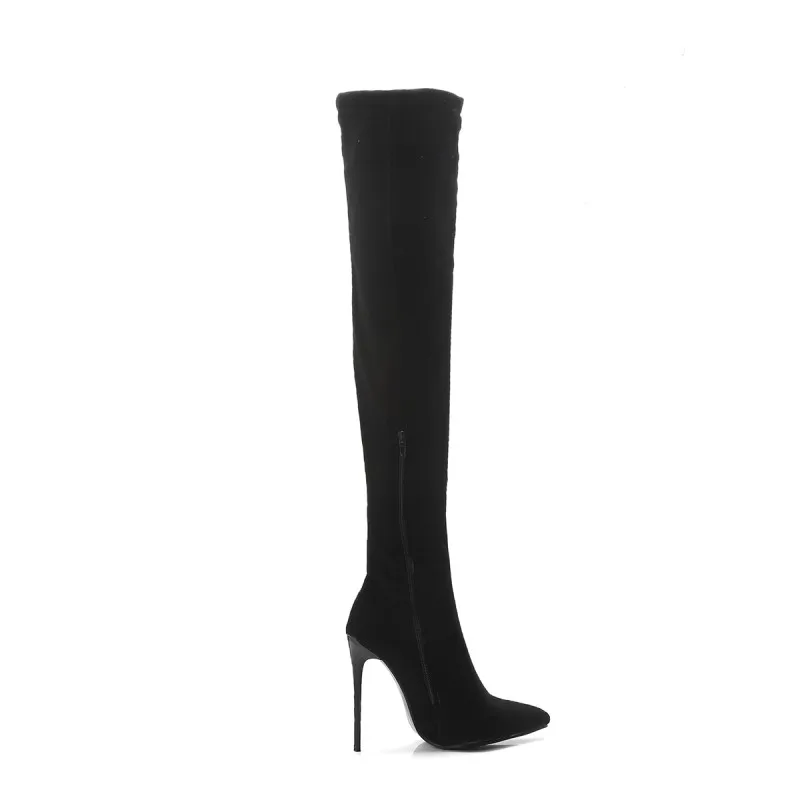 Женские высокие сапоги большого размера женские выше колена однотонные с острым