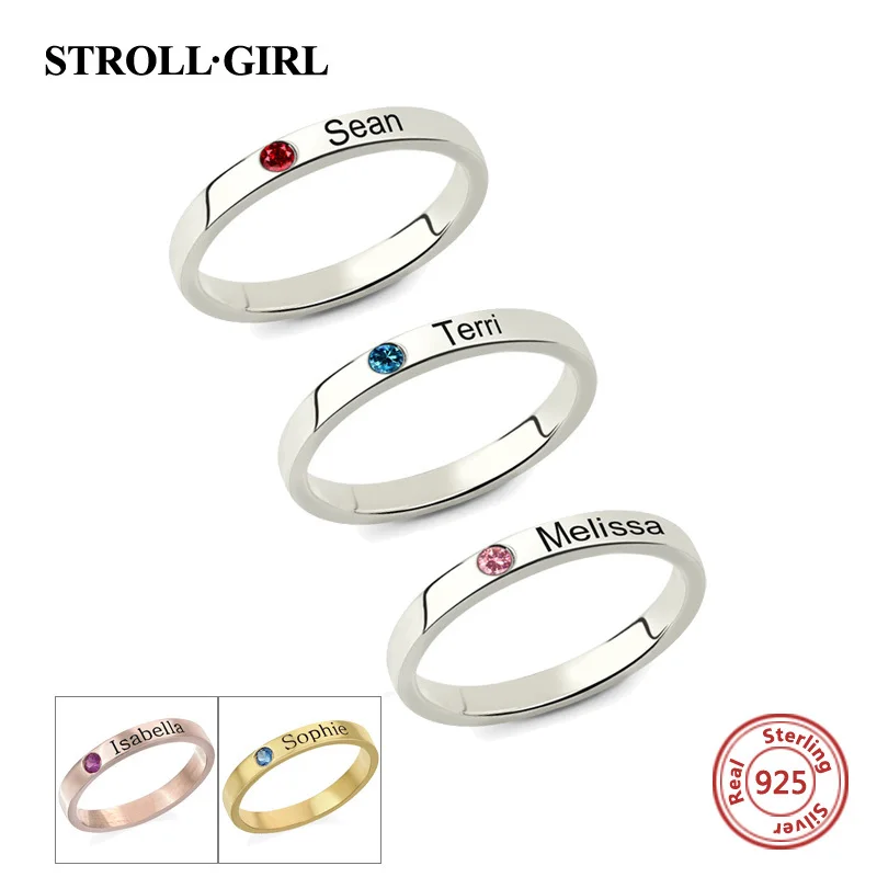 Strollgirl, 925 пробы, серебряное кольцо с гравировкой для матери, штабелируемое имя с камнем по месяцу рождения, персонализированные ювелирные изделия из стерлингового серебра