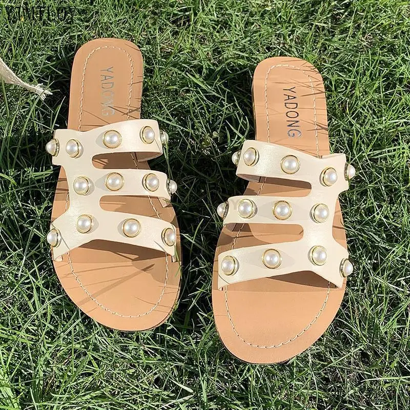 

Women's Genuine Leather Bead Decoration Flats Slides Open Toe Summer Leisure Female Soft Comfort Shoes Beach Slippers