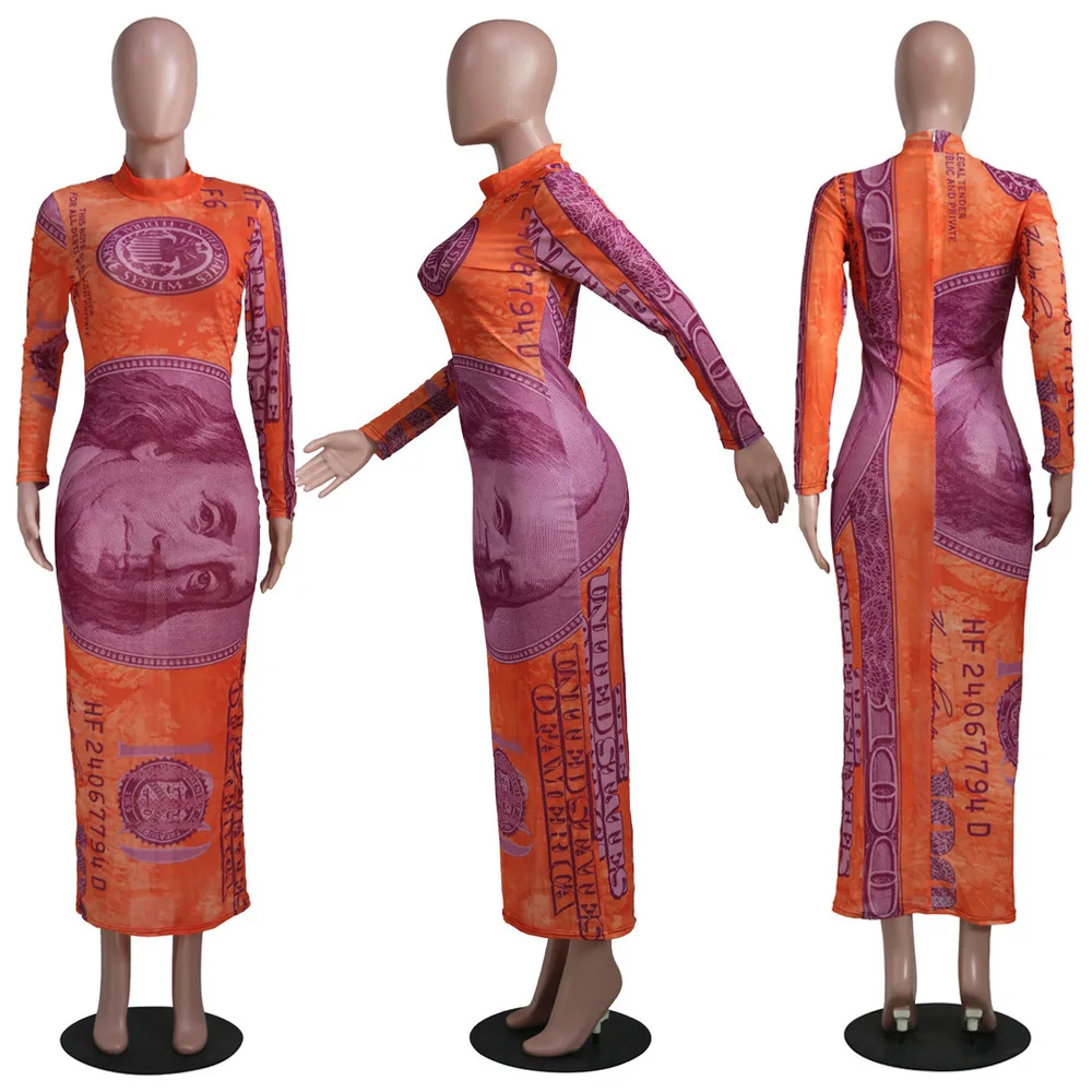 

Mesh Perspective US Dollar Print Skinny Dress Women Color Block Spliced Full Sleeve Slim Dress Autumn Night Club Party Dresses