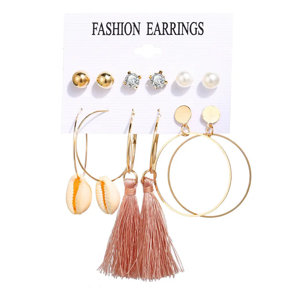 

Shell series Earrings combination metal geometric zircon pearl braided tassel acrylic Earrings korean fashion Earring Set