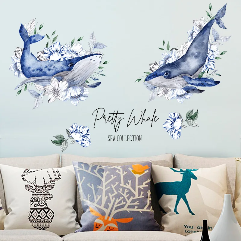 

Hand-Painted Watercolor Blue Flower Shark Modern Bedroom Living Room Children's Room Porch Restaurant Decorative Wall Stickers