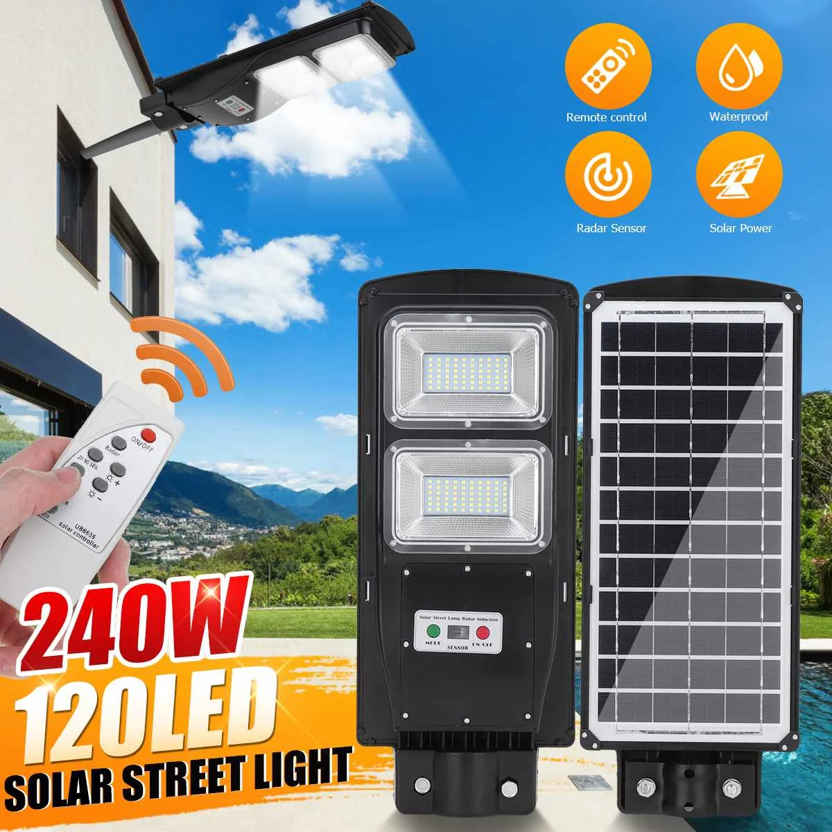 

240W 120LED Solar Lamp Wall Street Light Super Bright Radar PIR Motion Sensor Remote Control Security Lamps for Outdoor Garden