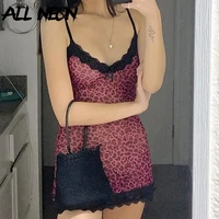 allneon aesthetics lace trim leopard printing party cami dresses e girl spaghetti strap v neck lace hem a line mini dress
