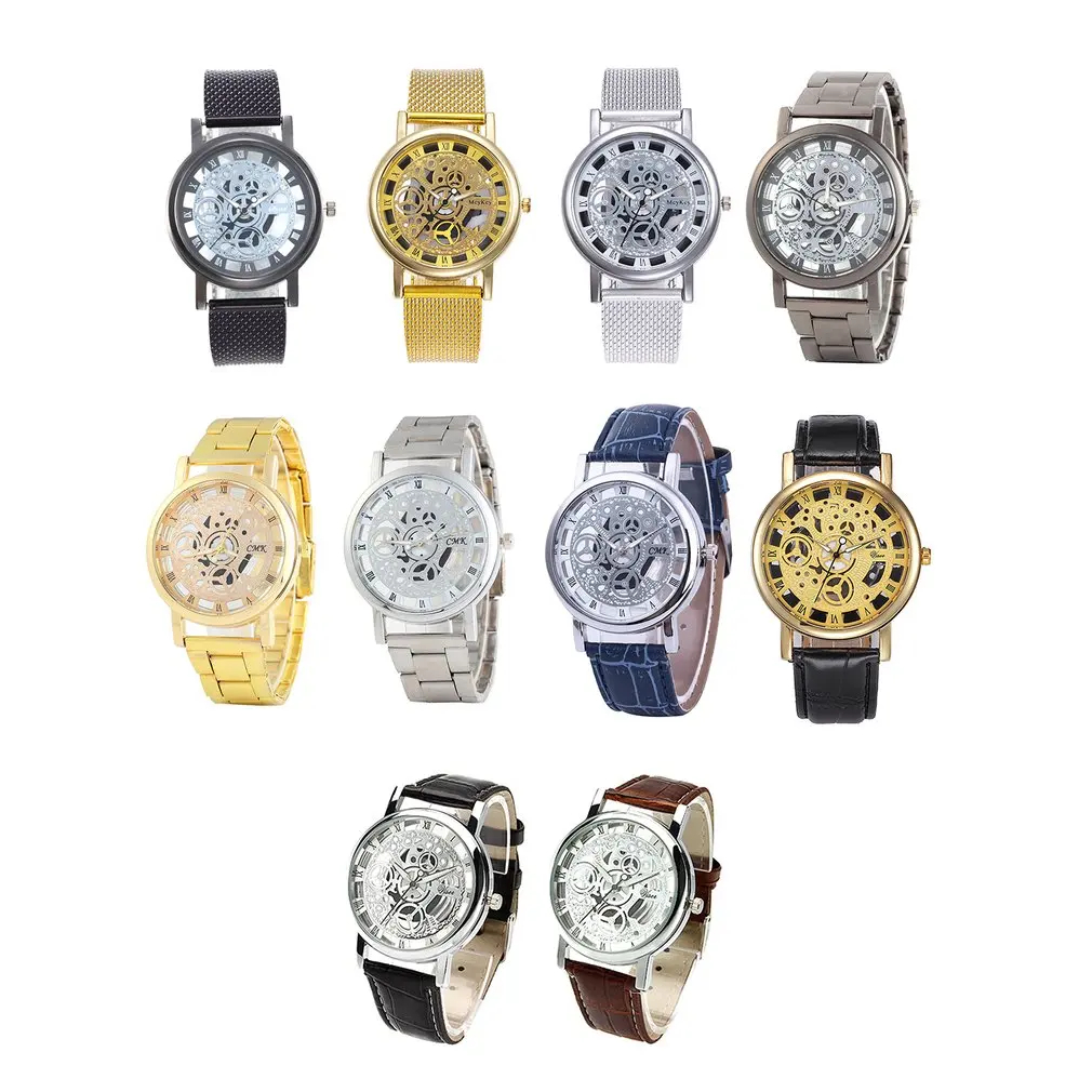 Модные Скелет наручные часы для мужчин простой стиль сетки ремень женщин