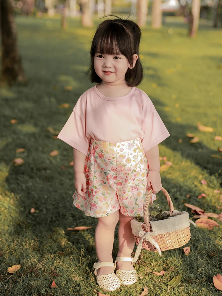 

Girls Foreign Style T Shirt 2021 Summer New Baby Fashion Solid Color All Match Comfortable Round Neck Short Sleeve Top