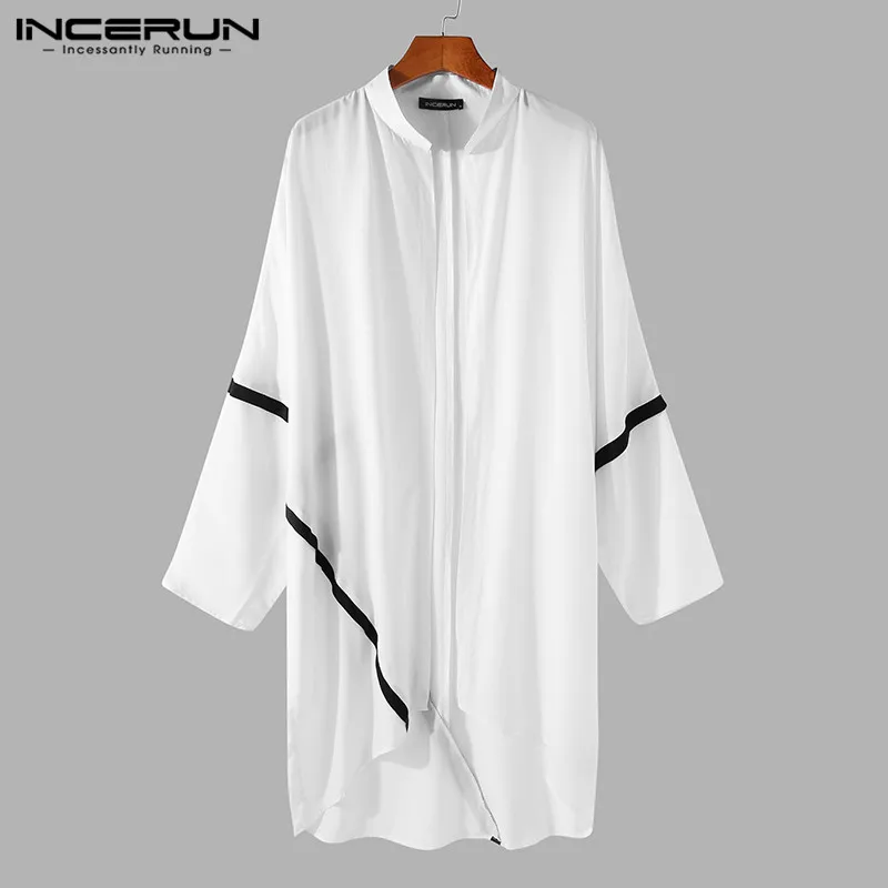 

Vintage Long Sleeve Stand Collar Long Style Shirts INCERUN Men Patchwork Cardigan Shirts Man Casual Open Stitch Tops Streetwear
