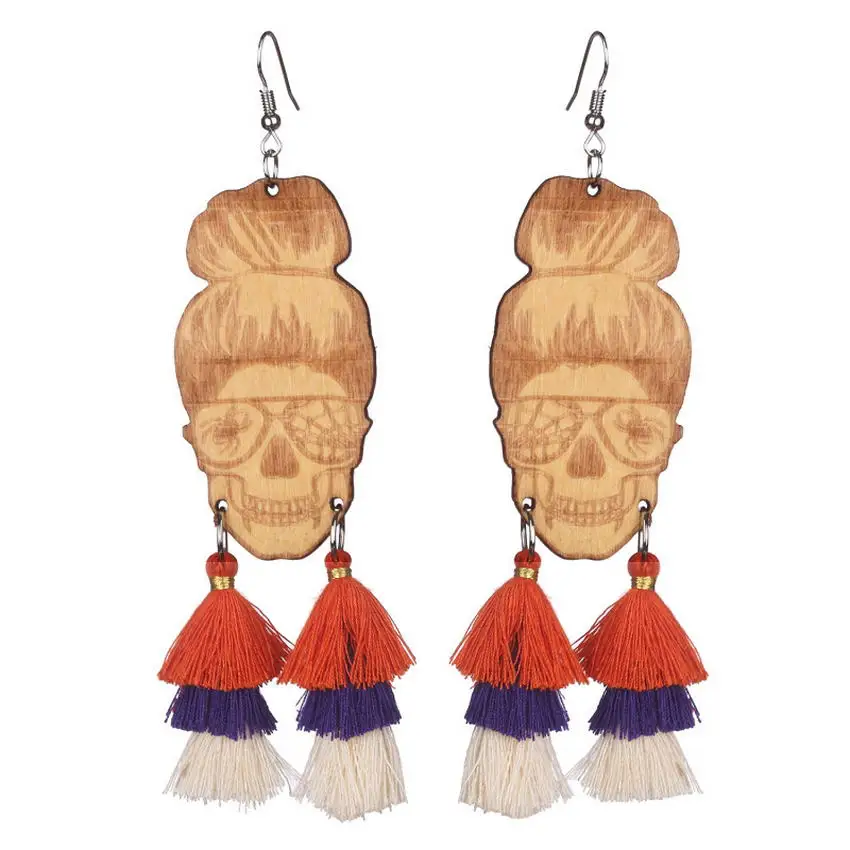 

Large Wooden Face Portrait Earrings for Women Laser Engrave Spider Skull Wood Tassel Halloween Earrings Jewelry Gifts Wholesale