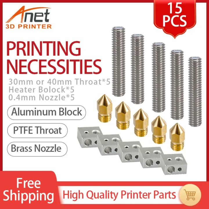 3D Printer Parts 15pcs/lot 0.4mm MK8 Extruder Brass Nozzle + 30mm/40mm Throat Tube + M6 Heater Block Hotend For Anet A8 & A6