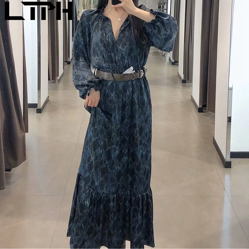 

LTPH vintage print slim long women dress sashes slim long sleeves loose elegant fashion all-match dresses 2021 Spring Autumn New