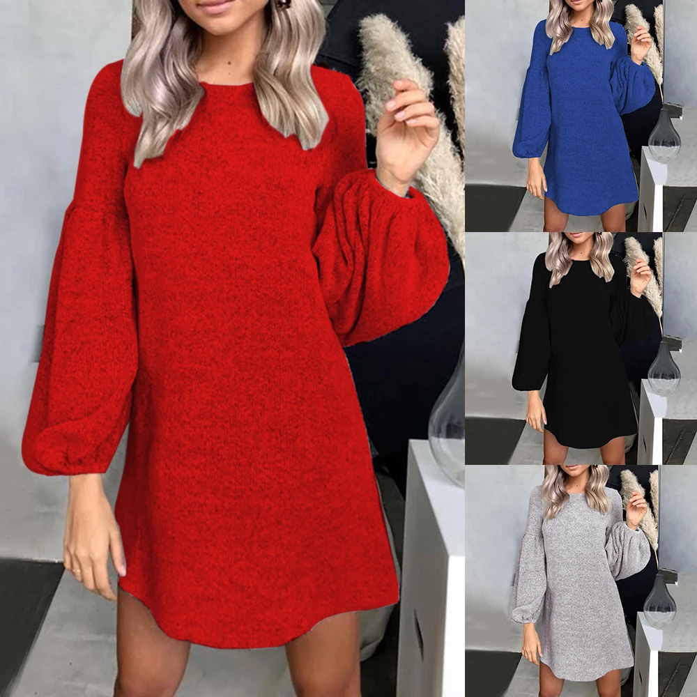 Женское трикотажное платье свитер с круглым вырезом и длинным рукавом|Беговые