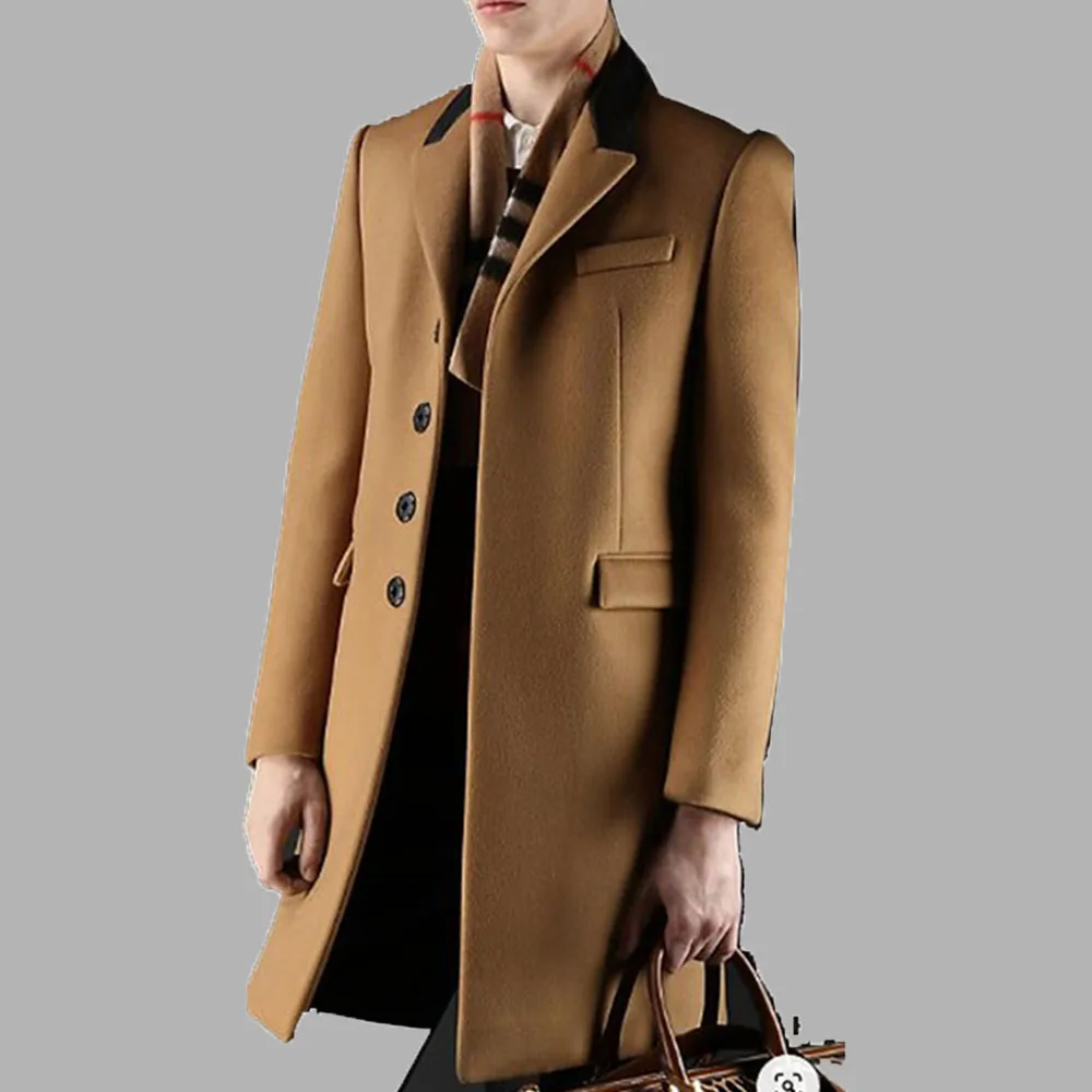 

Woolen Coat 2021 Autumn Winter New Fashion Solid Color Single Breasted Long Sleeve Western Style Temperament Casual Men Warm