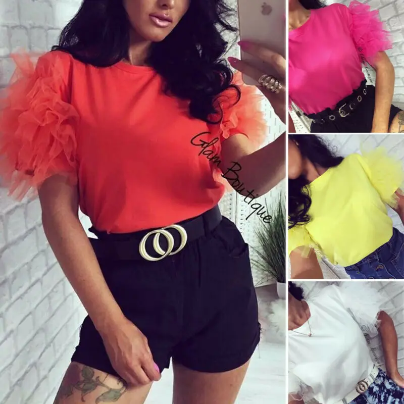 Модные Женские однотонные кружевные блузки с круглым вырезом свободные тюлевые