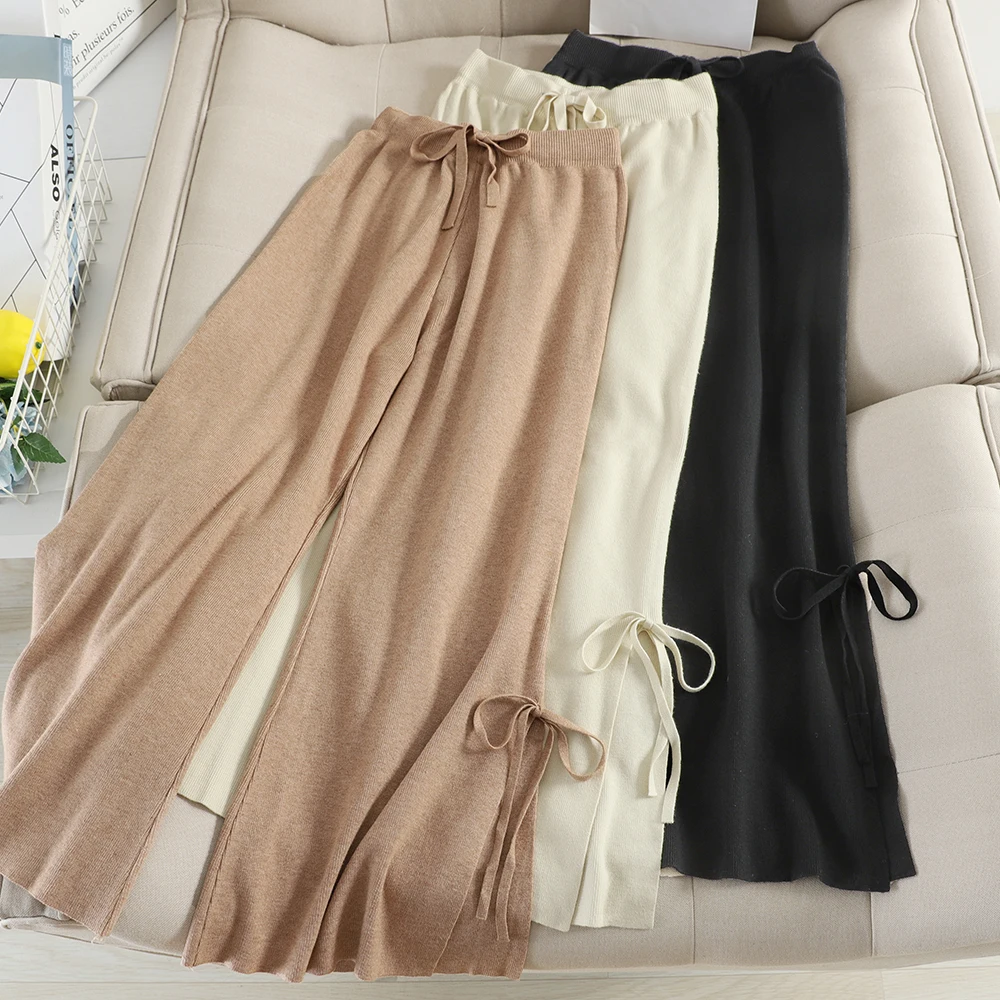 SINGRAIN женские элегантные трикотажные брюки с эластичным поясом и бантом длинные