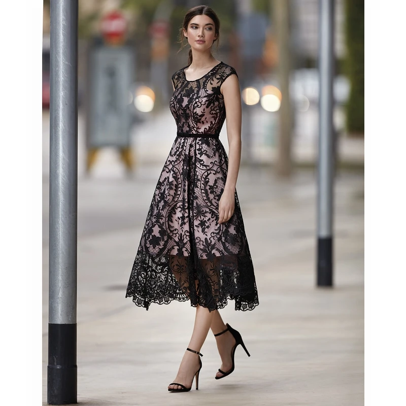 

Mandylandy Summer Fashion O-Neck Sleeveless Slim Mesh Dress Women's Elegant High Waist Lace Stitching Dress