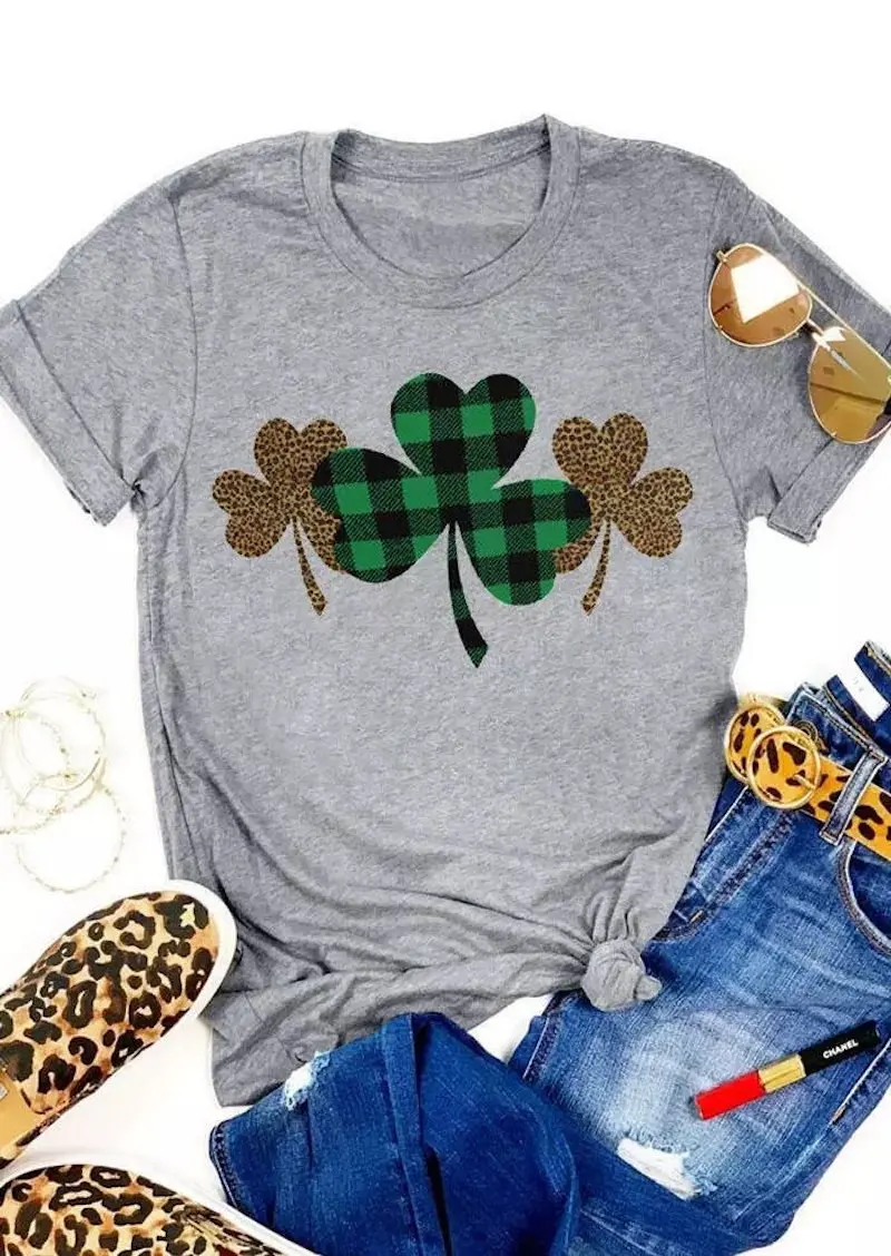 Женская футболка в клетку леопардовые Топы клевер Ireland Shamrock хлопковая Футболка с