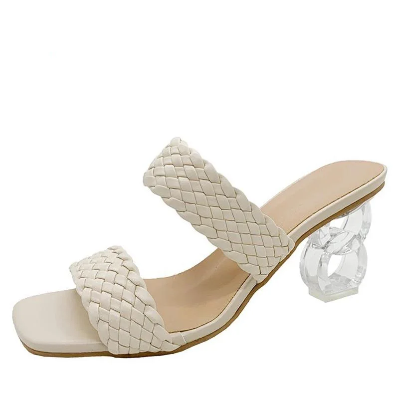 

2021 New Summer Women Mules Design Slippers Sandal Slides Braided Cord 7cm Transparent Fretwork Heels Women Shoes Female